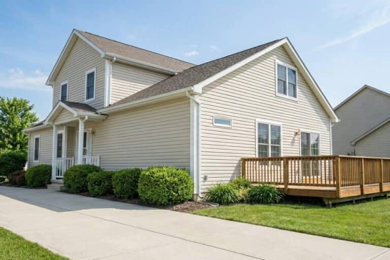 A clean two-story suburban home with tan vinyl siding and a wooden deck after professional pressure washing.