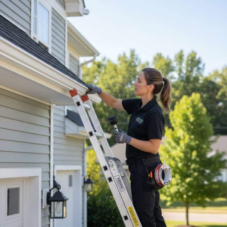 A professional inspector checking brackets and alignment during a gutter maintenance service.
