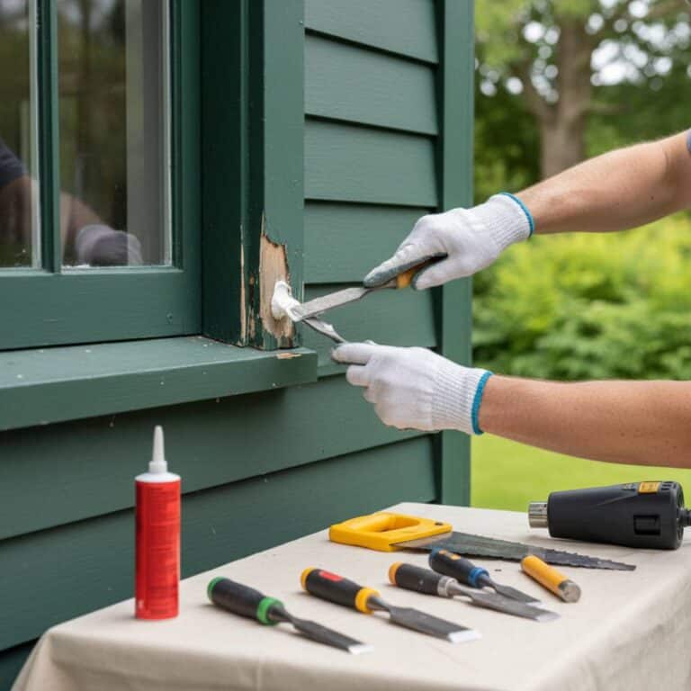 Close-up of Wood Rot Repair replacing damaged wooden trim on a house exterior