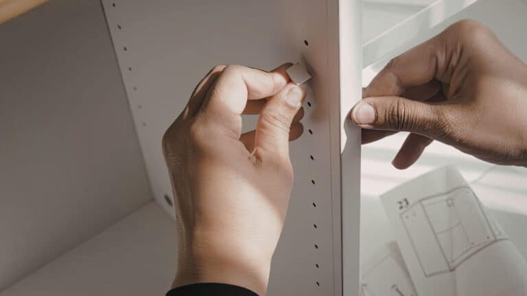 A professional handyman efficiently building a wooden cabinet using a power drill, representing a reliable furniture assembly Katy service.