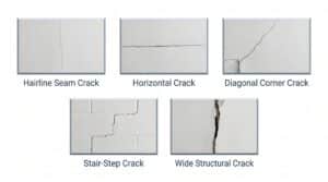 An educational infographic illustrating five distinct types of wall fractures, providing diagnostic context for homeowners looking for drywall repair tips.