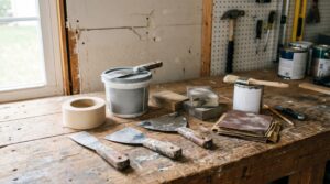 Drywall Repair Tips: An assortment of professional patching tools and materials arranged on a wooden workbench, perfect for home improvement enthusiasts seeking drywall repair tips.