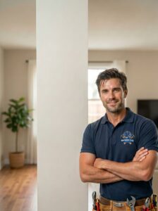 A professional Handyman Katy specialist standing with arms crossed next to a smooth interior wall, ready to assist homeowners with professional drywall repair tips.