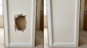 A before-and-after visual demonstrating a major drywall blowout repair with a rectangular backing panel and its smooth, flush mudding stage, showing advanced drywall repair tips.