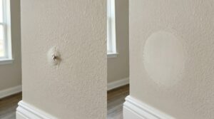 A before-and-after sequence showing a protruding wall fastener defect and its smooth, circular patch fix, offering practical drywall repair tips.