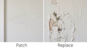 A side-by-side comparison illustrating a simple wall water stain versus severe structural bubbling and mold growth, offering diagnostic drywall repair tips.