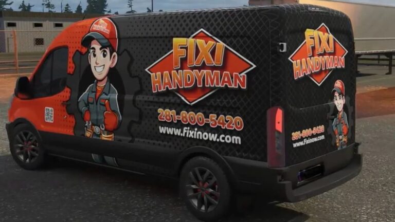 A black FixiNow Handyman service van with custom vehicle wrap logo and contact information