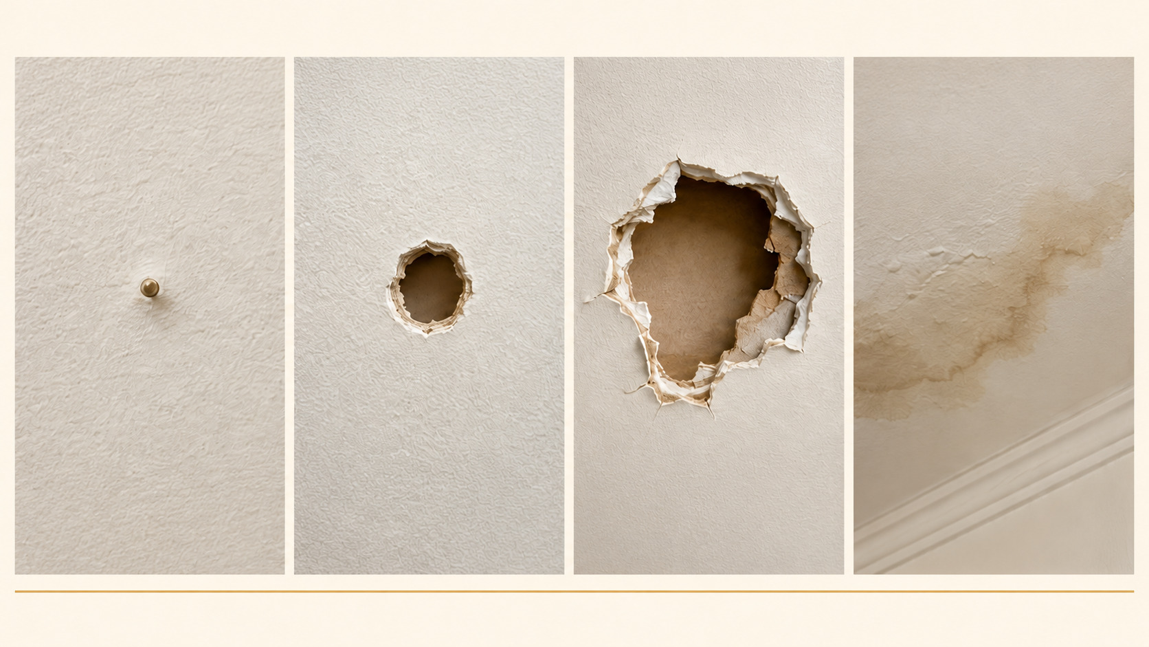 A side-by-side comparison of four drywall damage types to show different drywall repair cost, including a nail pop, small hole, large hole, and water stain, requiring a Katy handyman from Handyman Katy.