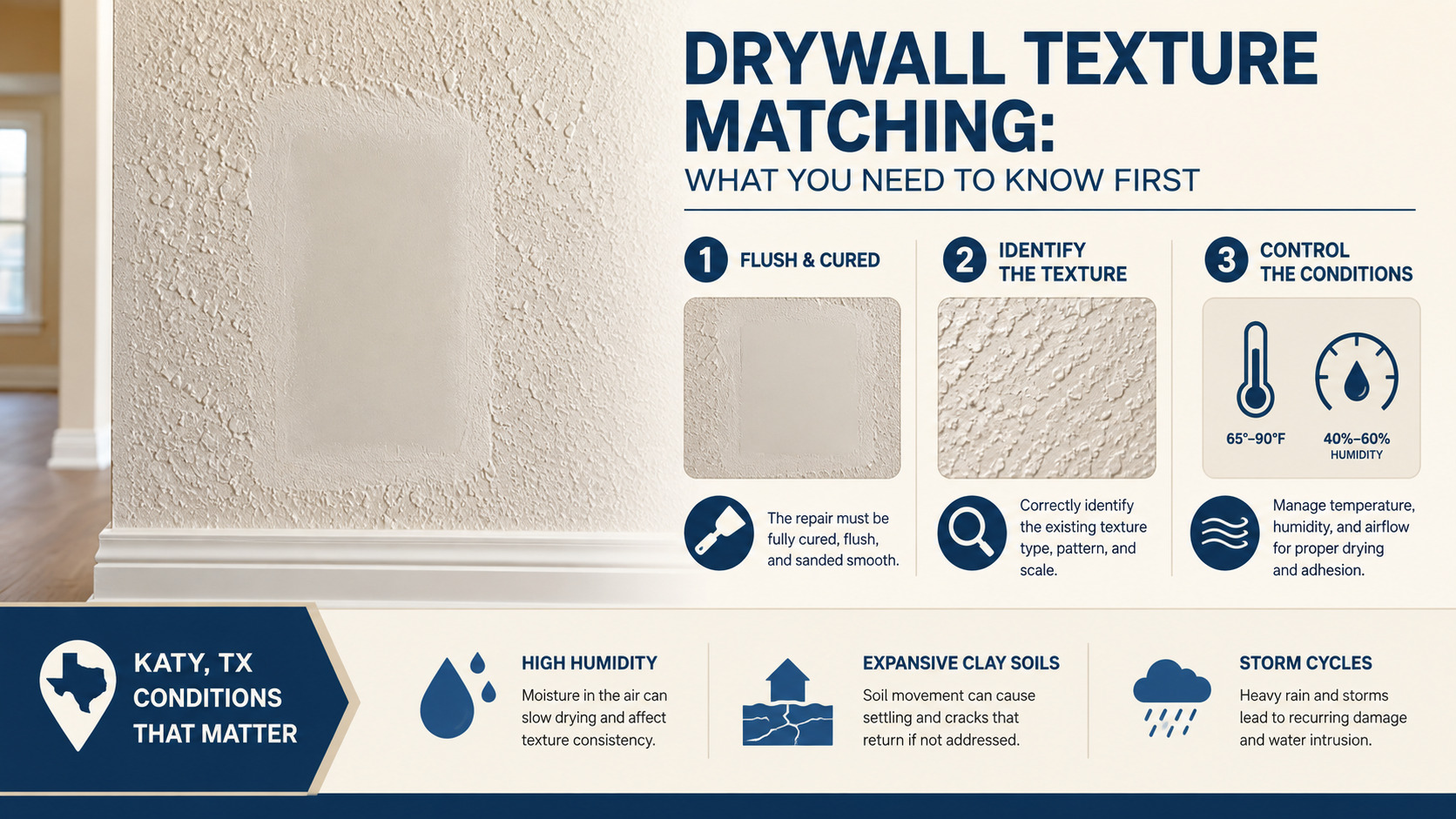 Infographic outlining three key steps and local climate factors for seamless drywall texture matching by Handyman Katy.