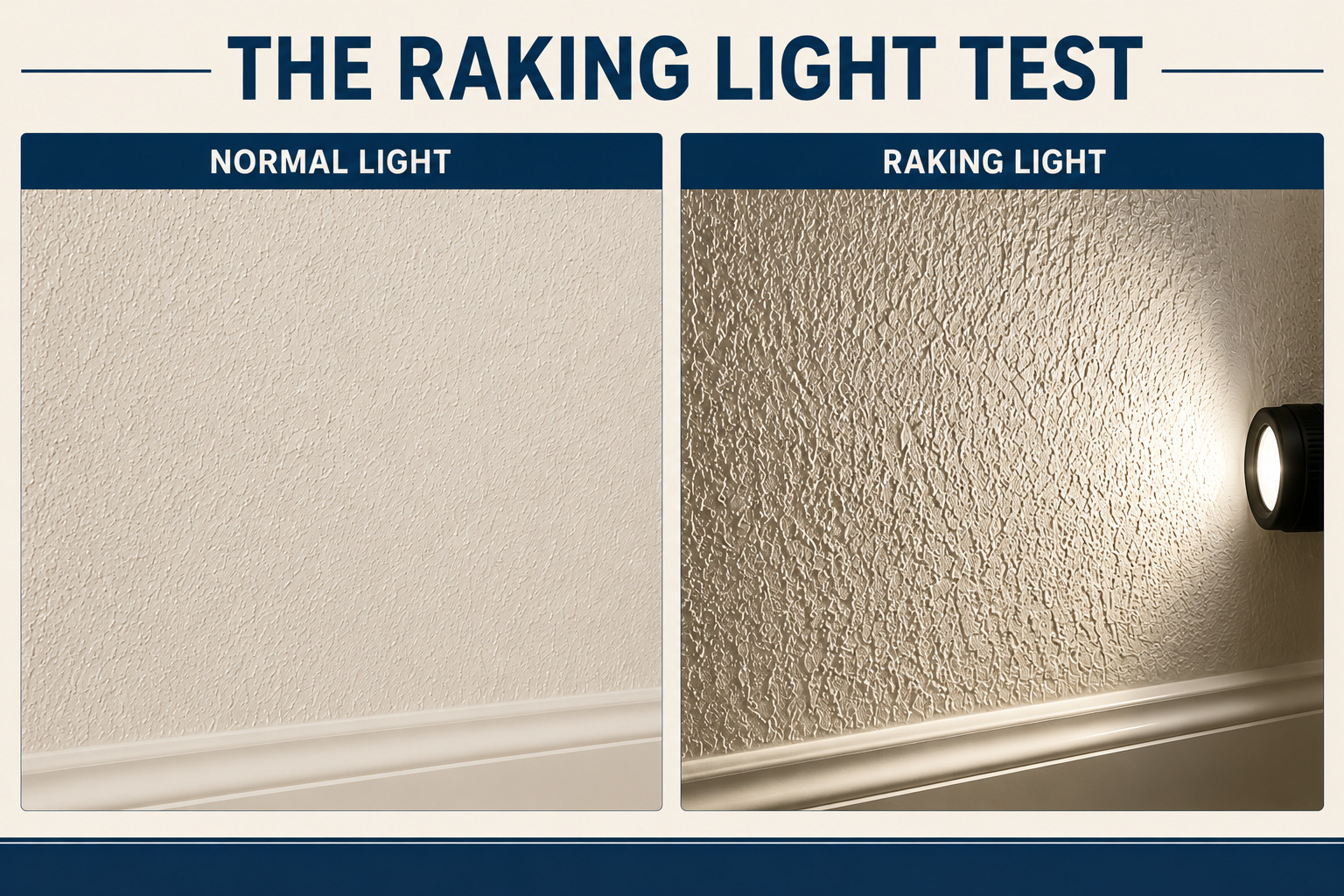 A two-panel comparison showing a textured wall under ambient lighting versus a raking light test used for drywall texture matching by Handyman Katy.