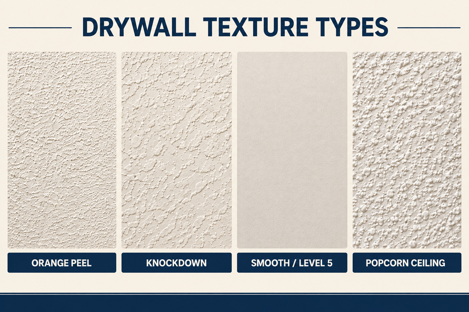 Side-by-side comparison of four common wall textures including orange peel, knockdown, smooth, and popcorn ceiling for drywall texture matching by Handyman Katy.