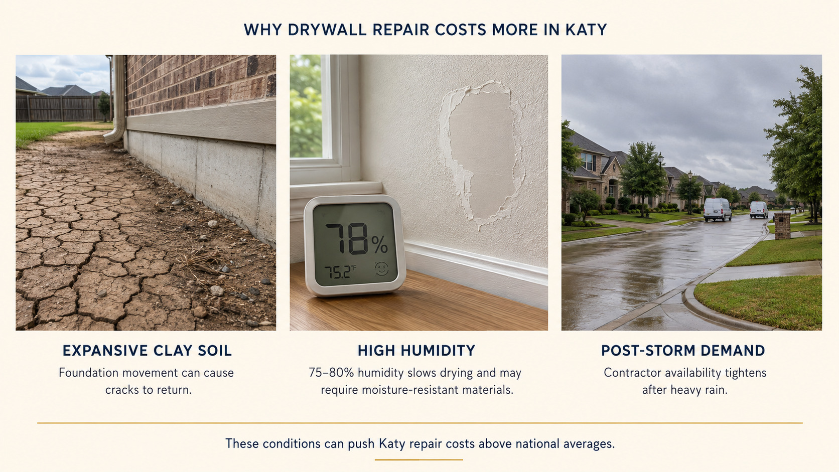Infographic explaining factors affecting drywall repair cost in Katy, Texas, created by a local Katy handyman at Handyman Katy.